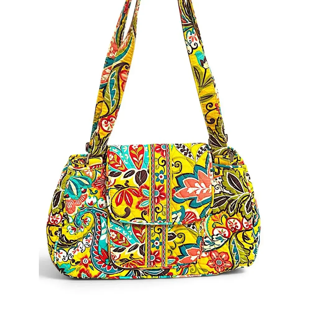 Vera Bradley Yellow Provincial Quilted Shoulder Bag Purse Floral Multi Pocket